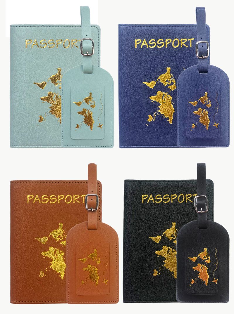 PU deri pasaport pasaport kılıfı özel LOGO harita sıcak damga Amazon bagaj etiketi pasaport tutucu seti