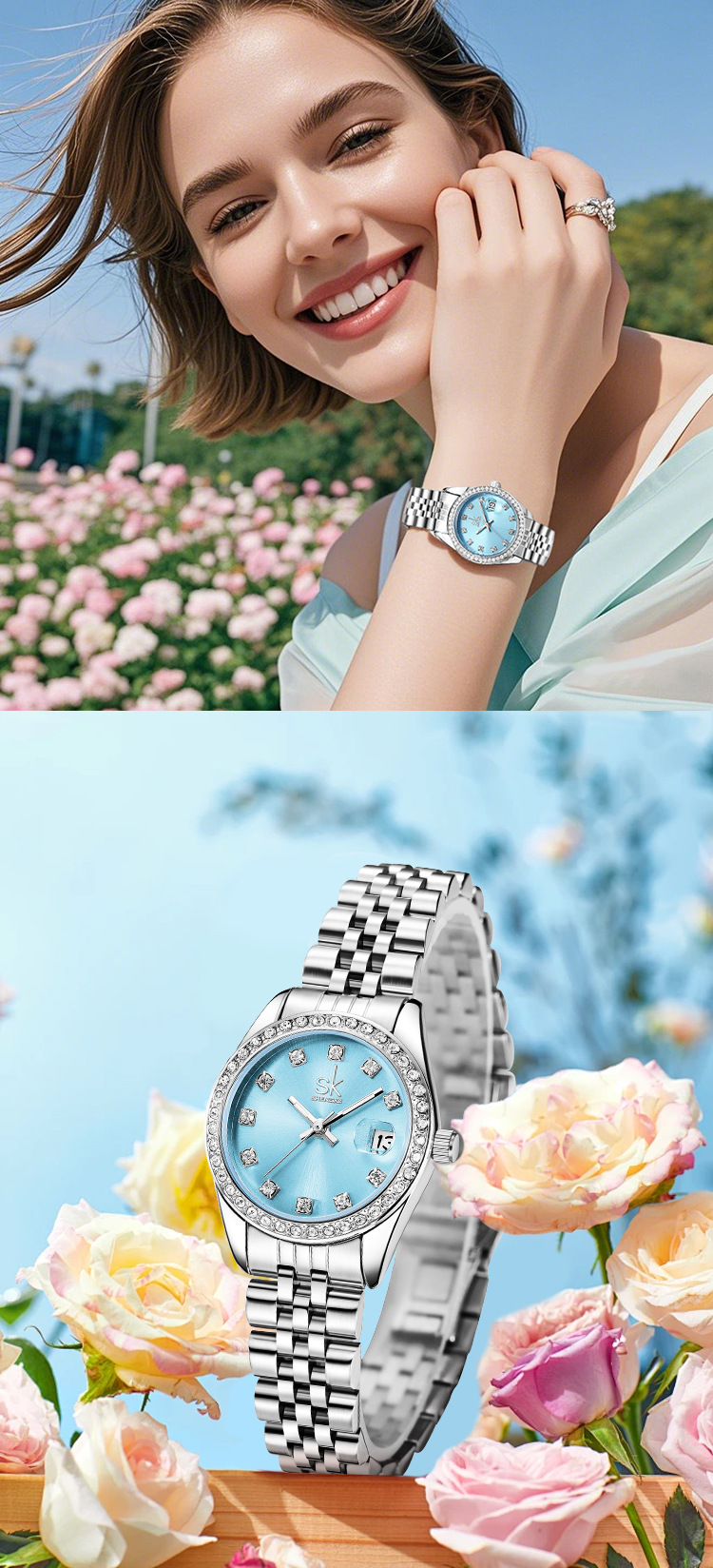 SK Damenuhr, luxuriöses minimalistisches Design mit Stahlarmband