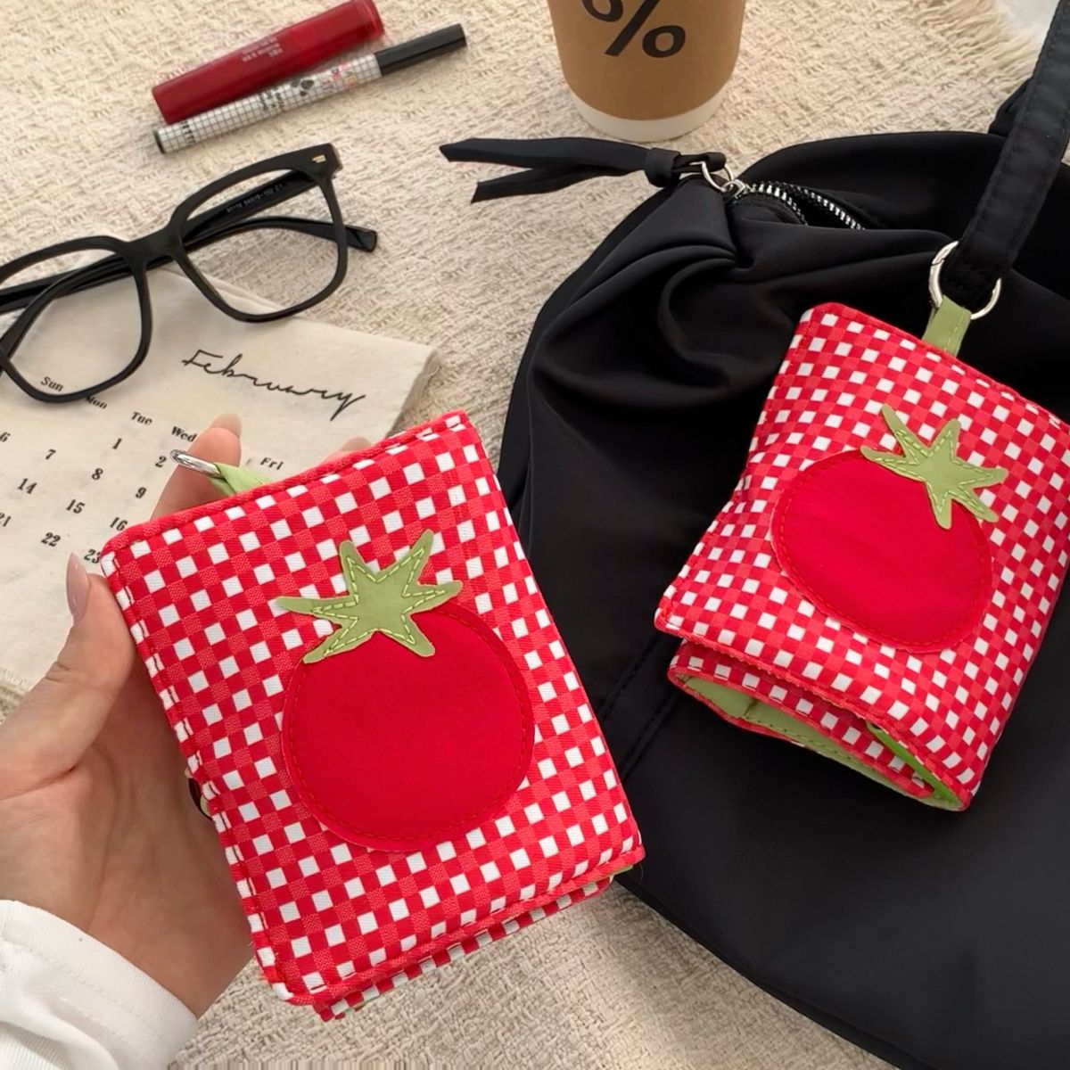 Passport holder, red plaid design, portable mini storage