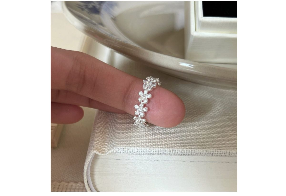 S925 sterling silver brushed flower open ring for women