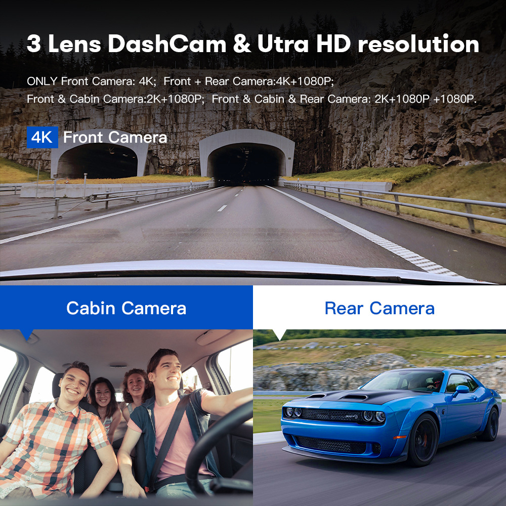 AZDOME araç kamerası üç lens 4K 1080P 1440P GPS