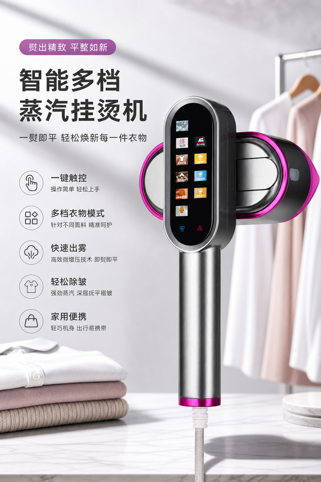 Foldable handheld garment steamer, touch screen, portable