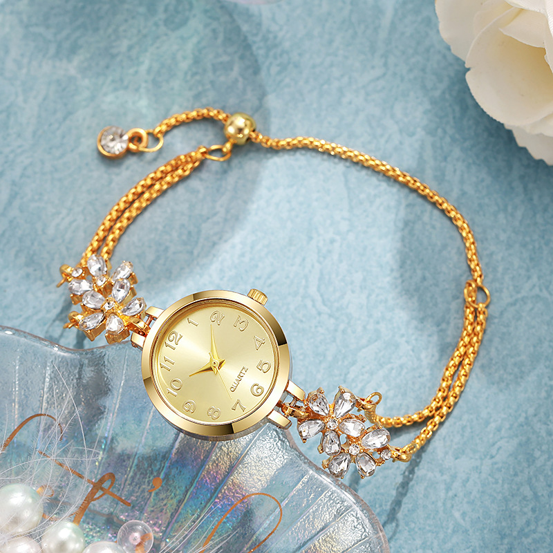 Floral rhinestone women's watch pull-string bracelet