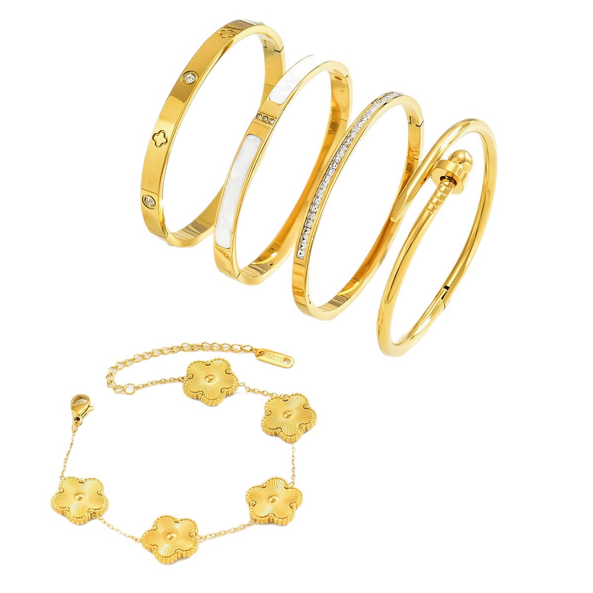 Stainless Steel Gold Bracelet Set Four-Leaf Clover Diamond