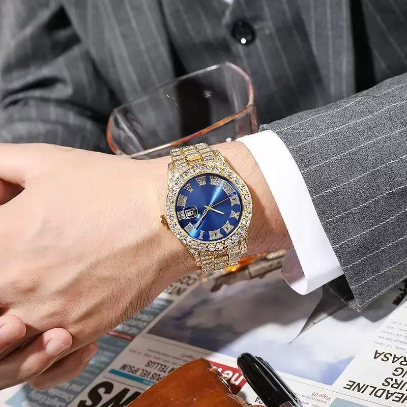 Men's quartz watch with crystals calendar roman numerals