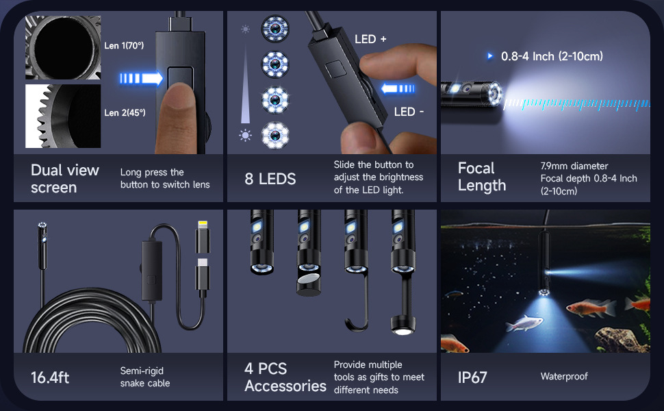Endoscope camera with mobile phone connection, HD resolution