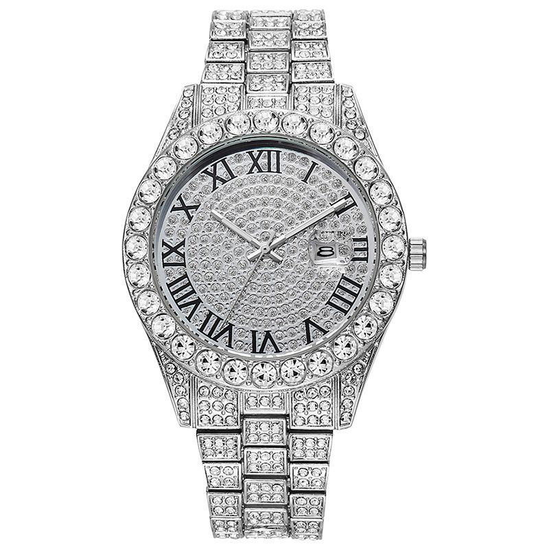 Damen-Quarzuhr mit Edelstahlband, Kalender und Strass