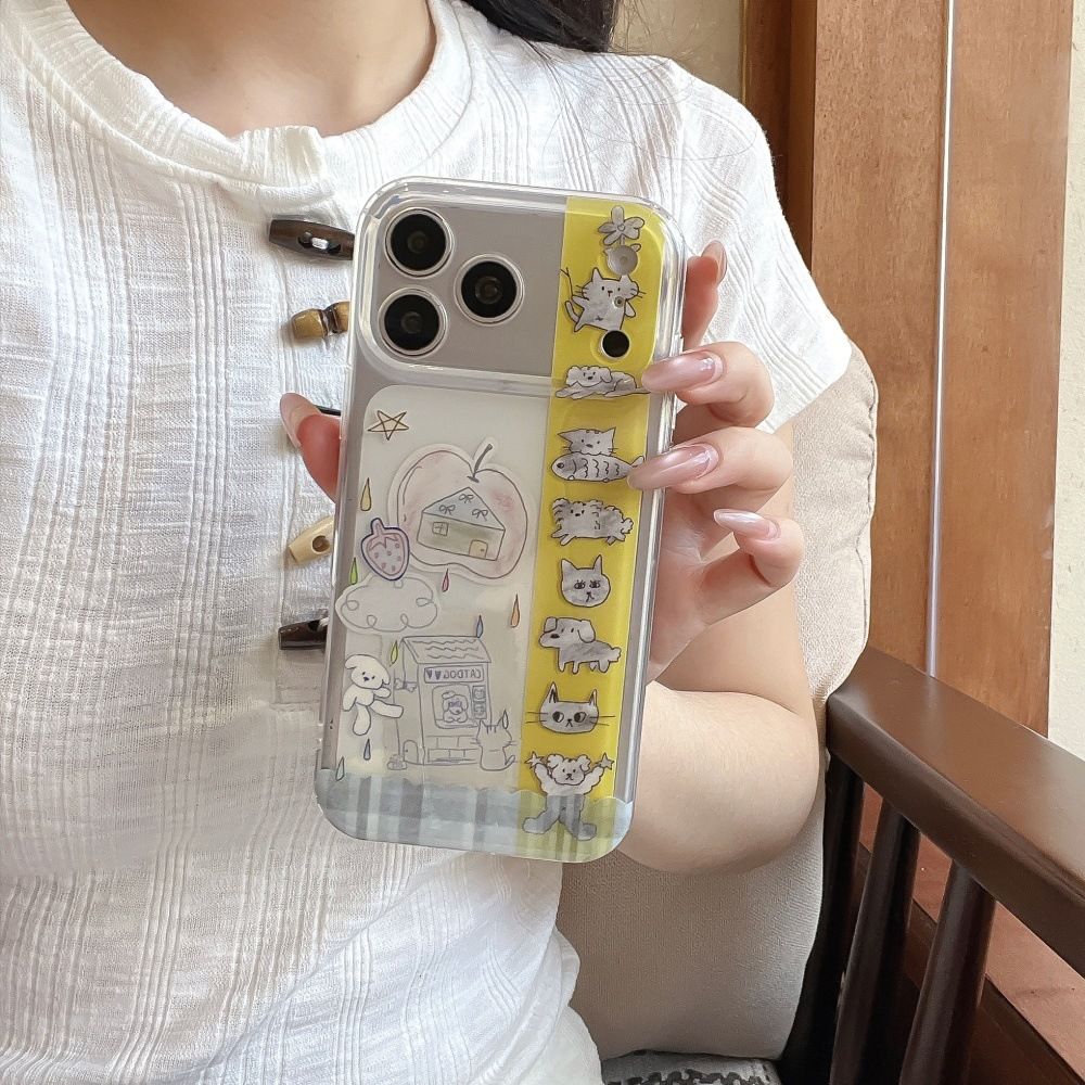 iPhone 17/16 Pro Max telefon kılıfı, kedi çizimi, tam koruma