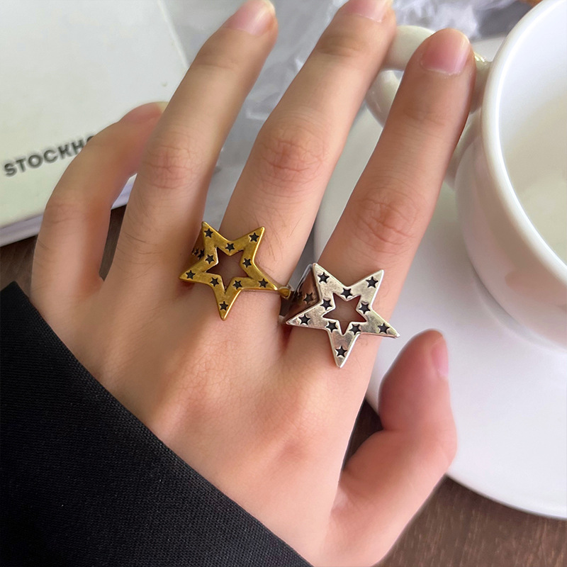 Five-pointed star 925 silver ring, hip-hop design