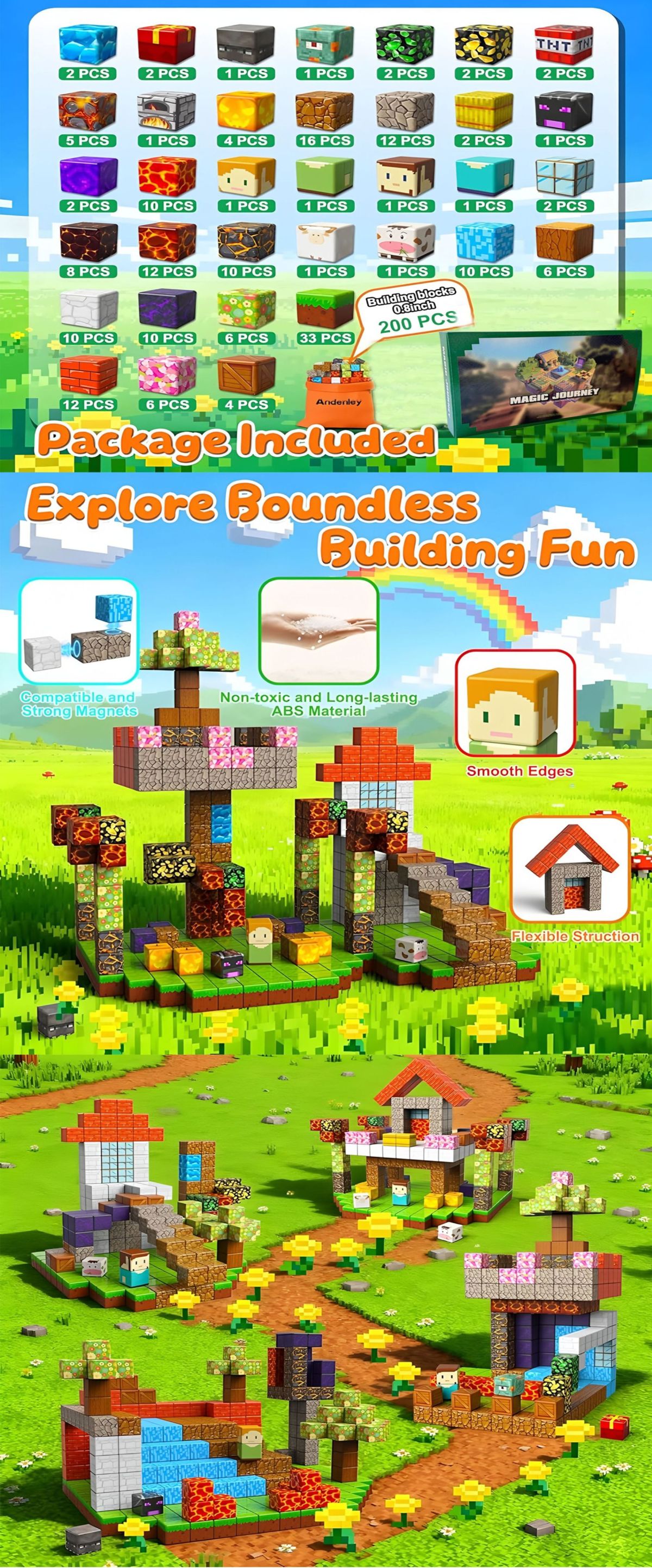 Magnetic building blocks animal home, four-piece wooden toy