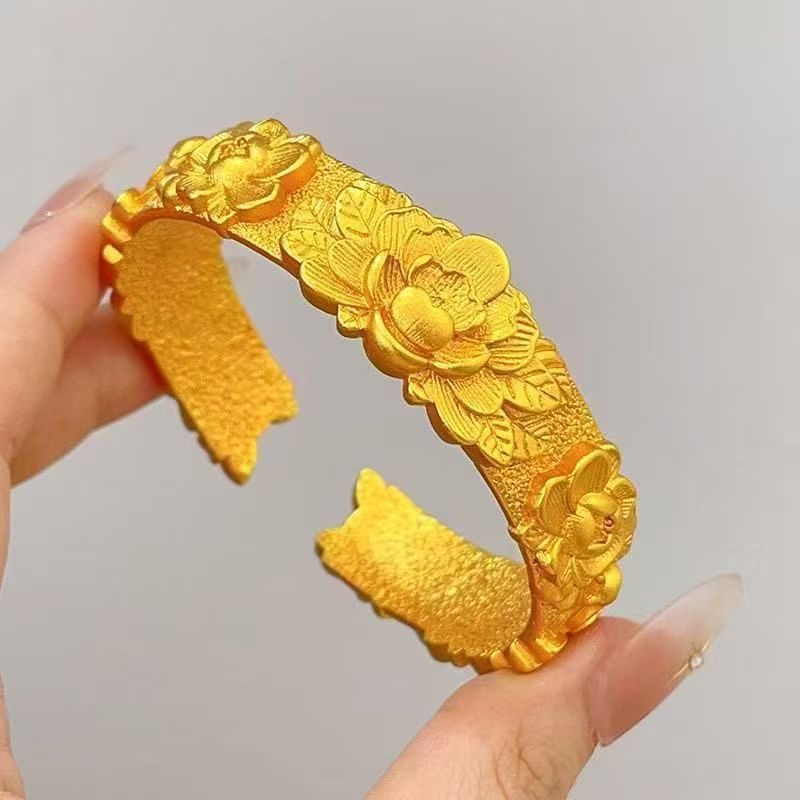 3D carved peony bracelet, solid gold-colored Chinese style