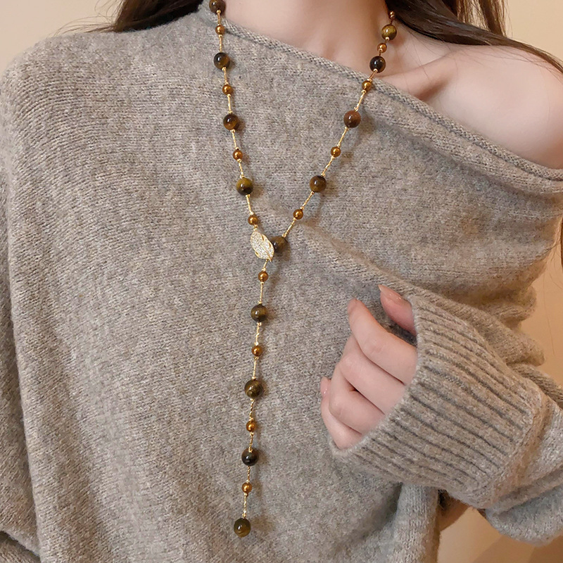 Tigerauge Perlen Pullover-Kette, Vintage Halskette