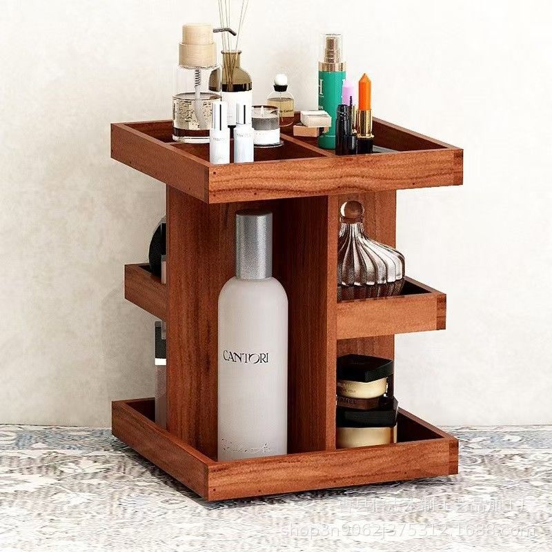 Rotating Wooden Makeup Vanity with Cosmetics Storage