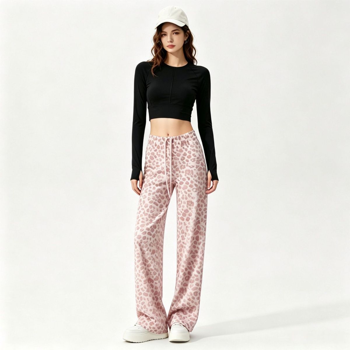 Damen-Yogahose mit Leopardenmuster und weitem Bein, hohe Taille