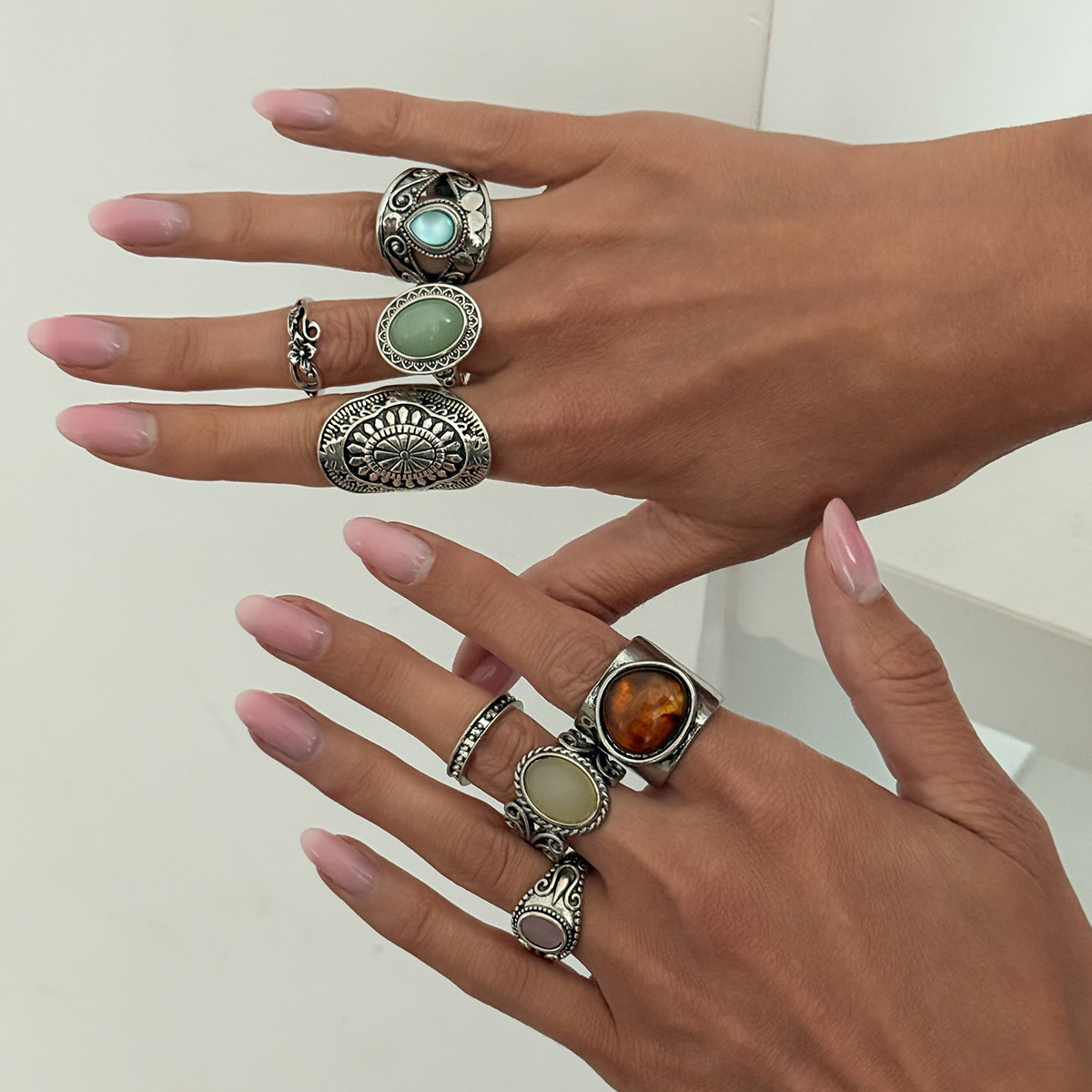 Antique silver carved wide band ring, cat's eye stone, stackable
