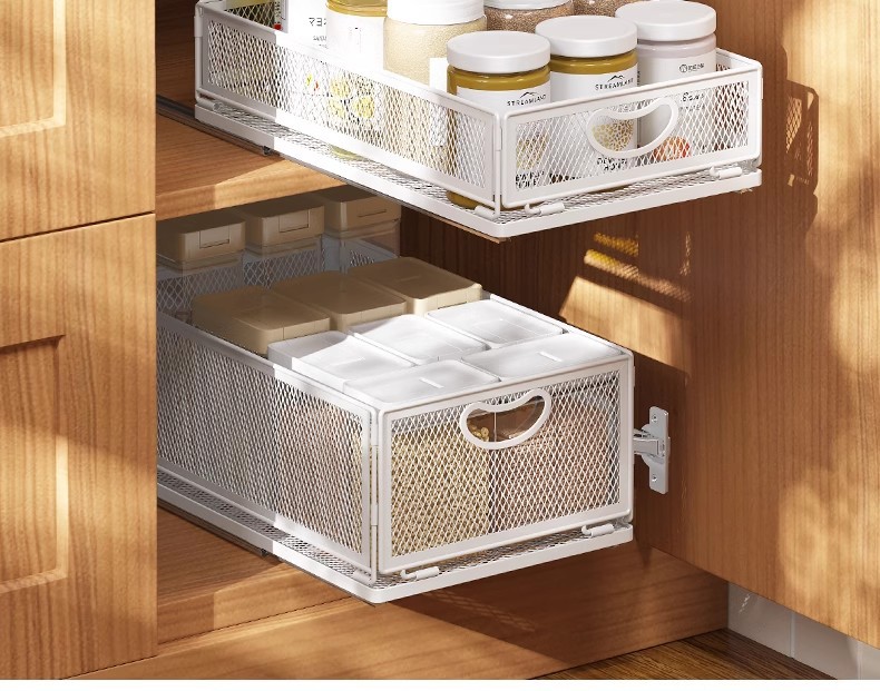 Foldable metal storage basket for kitchen and bathroom
