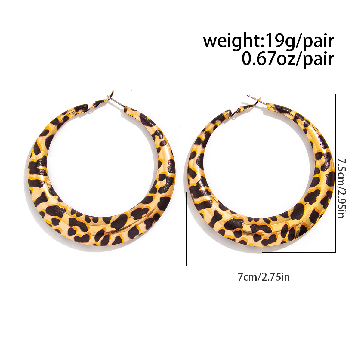 Leopar desenli geometrik metal çember küpe