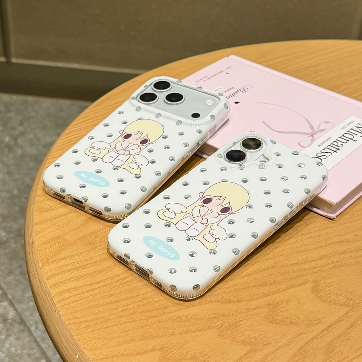 Japanese-style blue polka dot autumn cute double layer case, compatible iPhone 16-18 Pro M