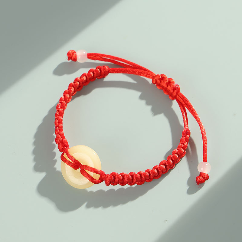 Red string bracelet, jade, safety clasp, hand-woven, unisex