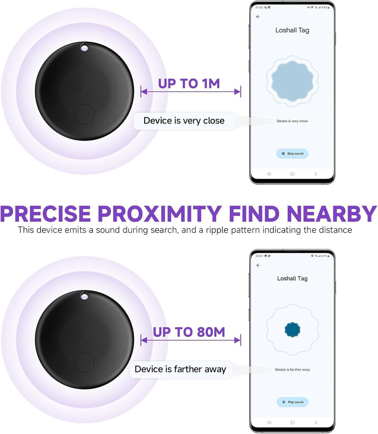 Round Bluetooth tracker iOS Android, pet and item tracker dual system