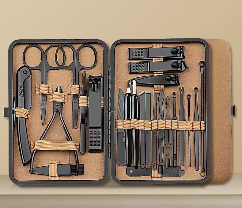 Stainless steel nail care kit, 24-piece, brown