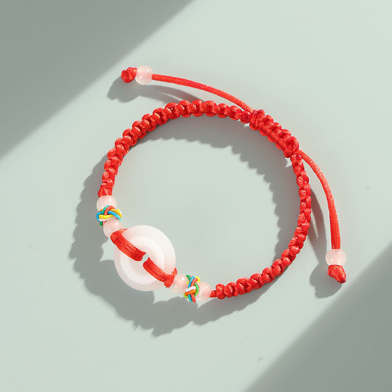 Red string bracelet, jade, safety clasp, hand-woven, unisex