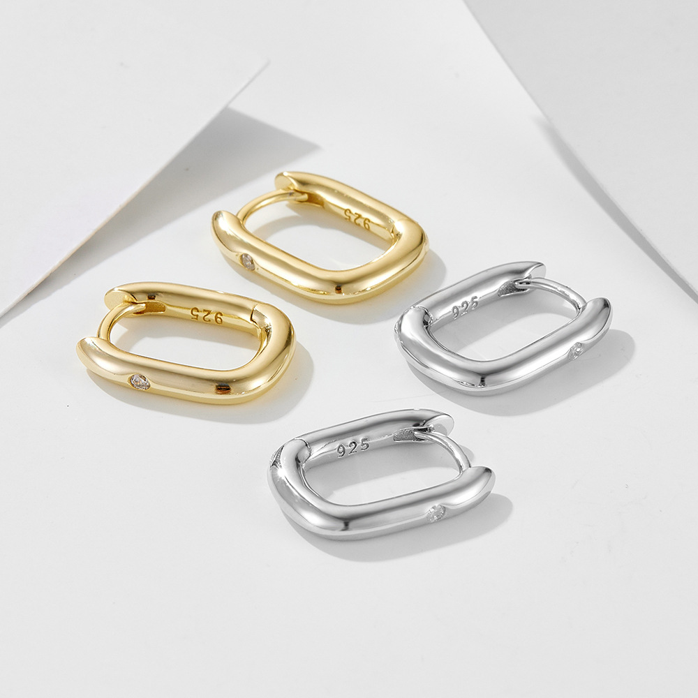 Silberne Ohrringe, ovale U-Form, mit Diamanten, minimalistisch