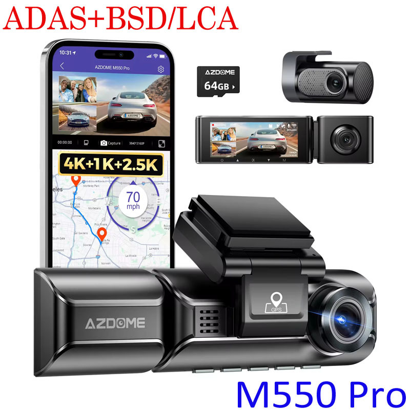 AZDOME araç kamerası üç lens 4K 1080P 1440P GPS