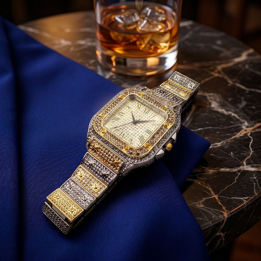 Men's watch, square diamond-studded, steel band, quartz