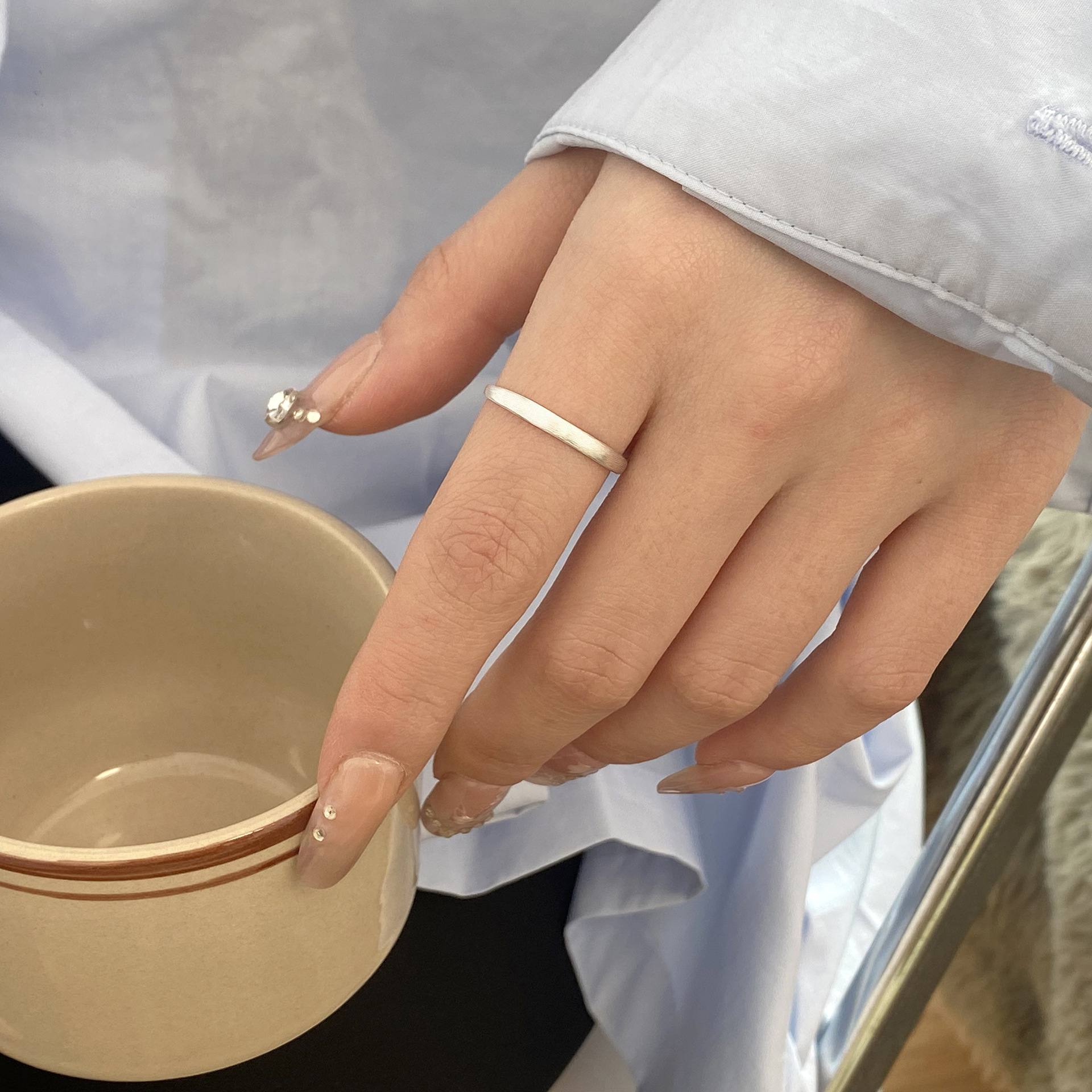 S925 silver flat ring for women, minimalist brushed matte