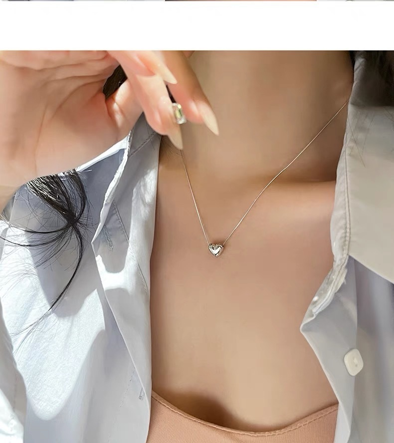 S999 gümüş kalp kolye, zirkon, çöpür zinciri, yaramaz stil tasarım