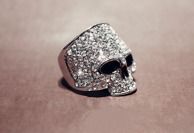 Punk Skull Ring, Metal, Rhinestone Studded
