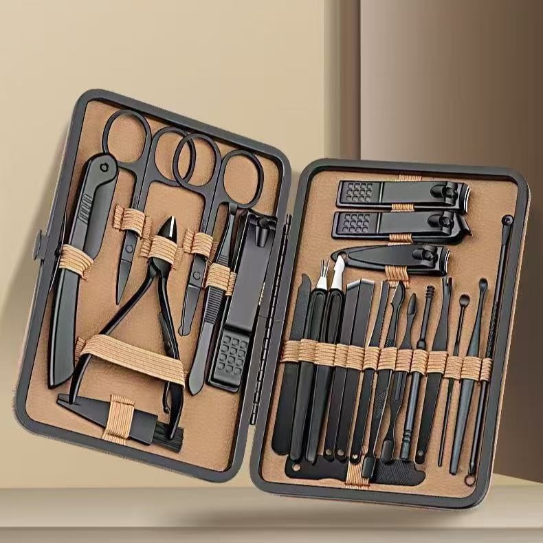 Stainless steel nail care kit, 24-piece, brown