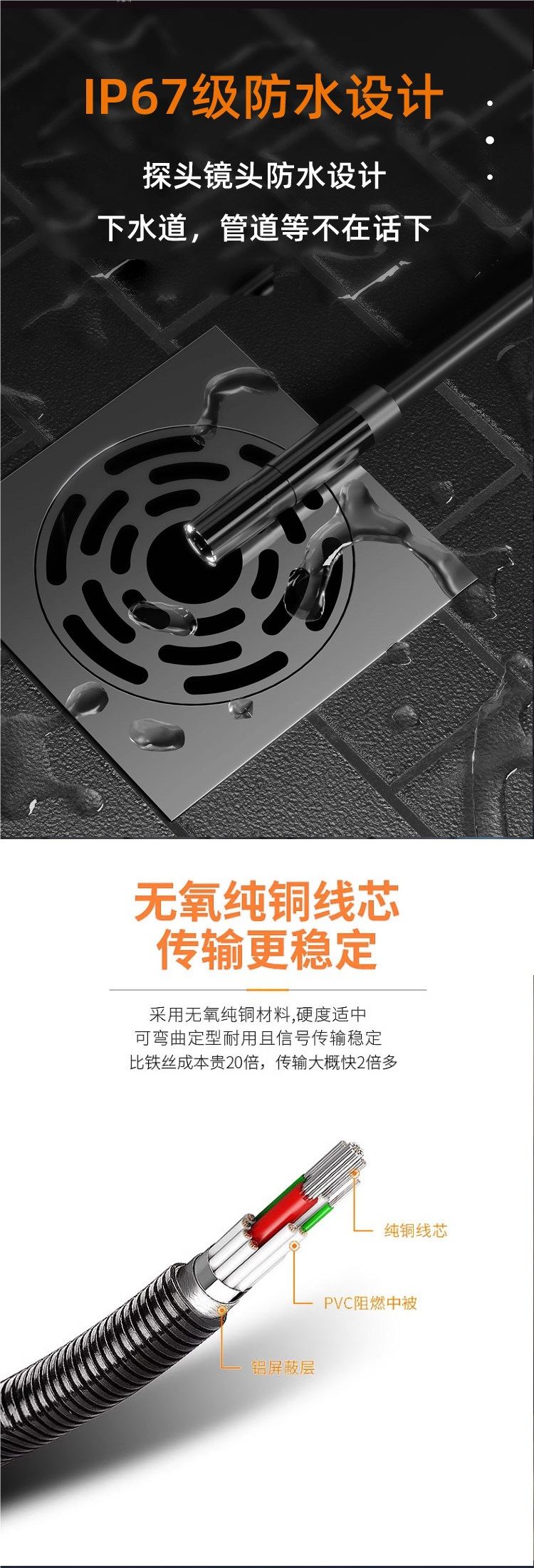 VEINAIS工业级管道检测内窥镜高清下水道疏通摄像头汽修可视铁名