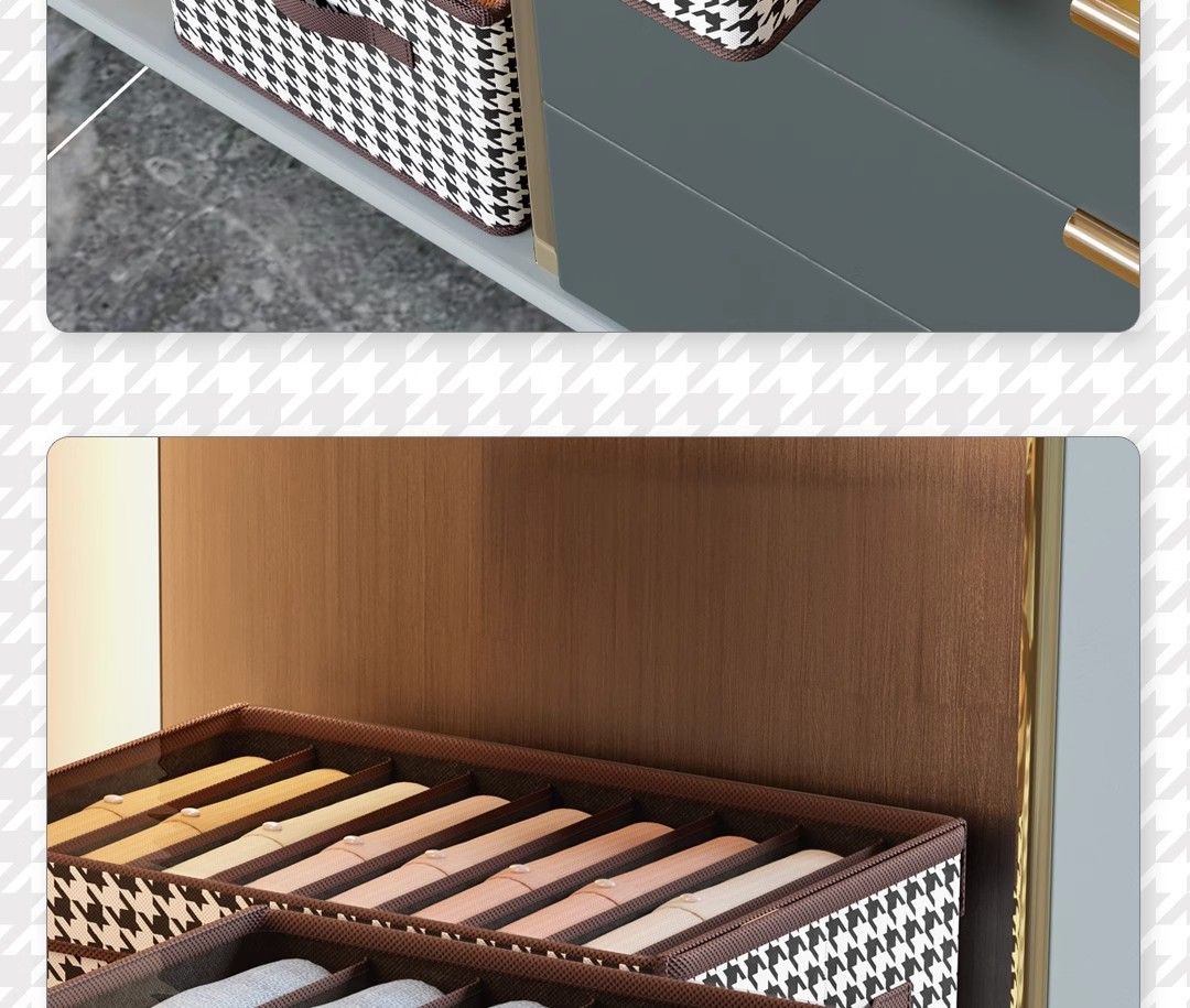 Houndstooth patterned pants storage box with lid, partitioned