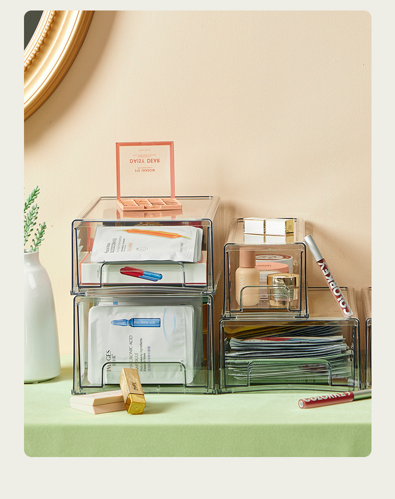 Clear PET cosmetics storage box with drawers