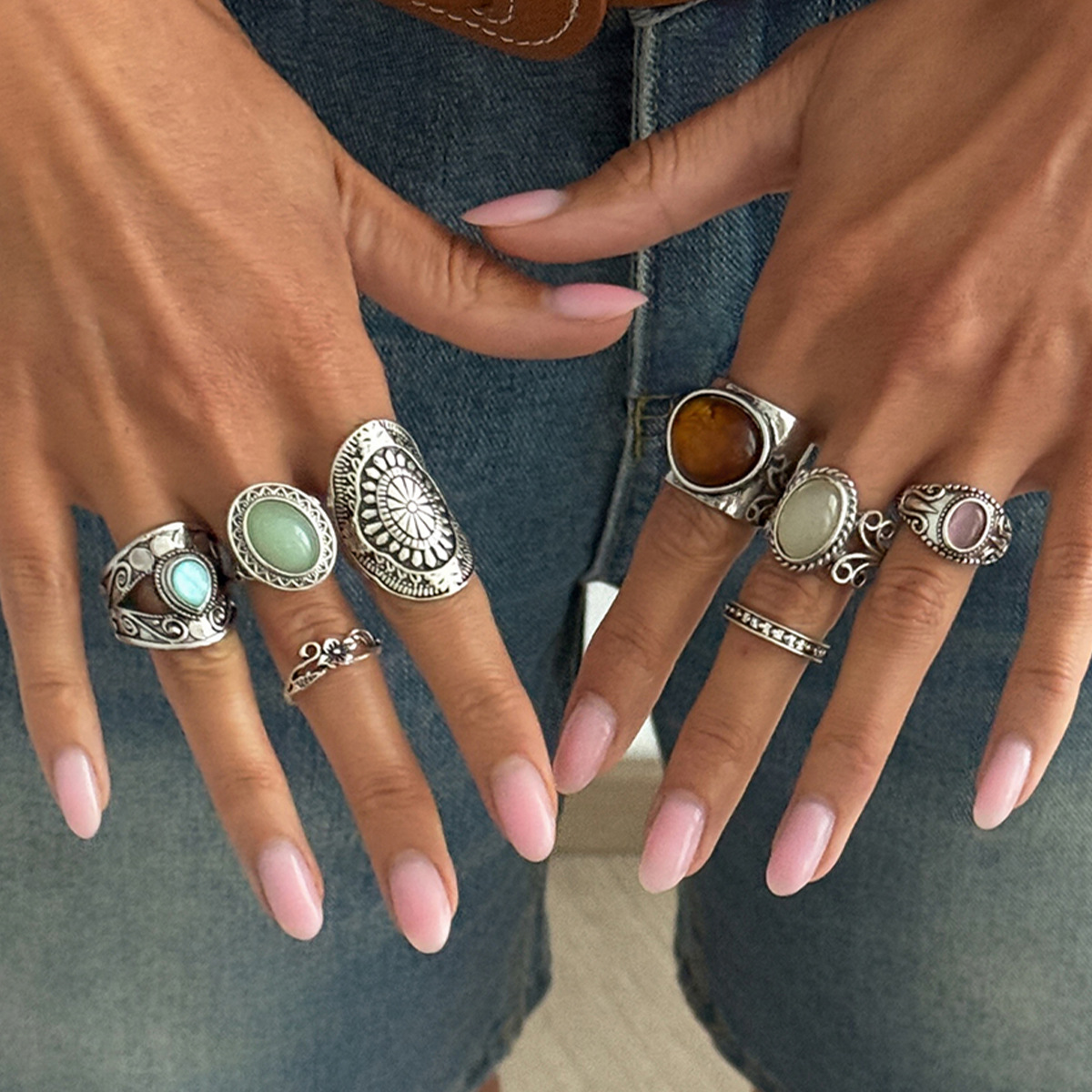 Antique silver carved wide band ring, cat's eye stone, stackable