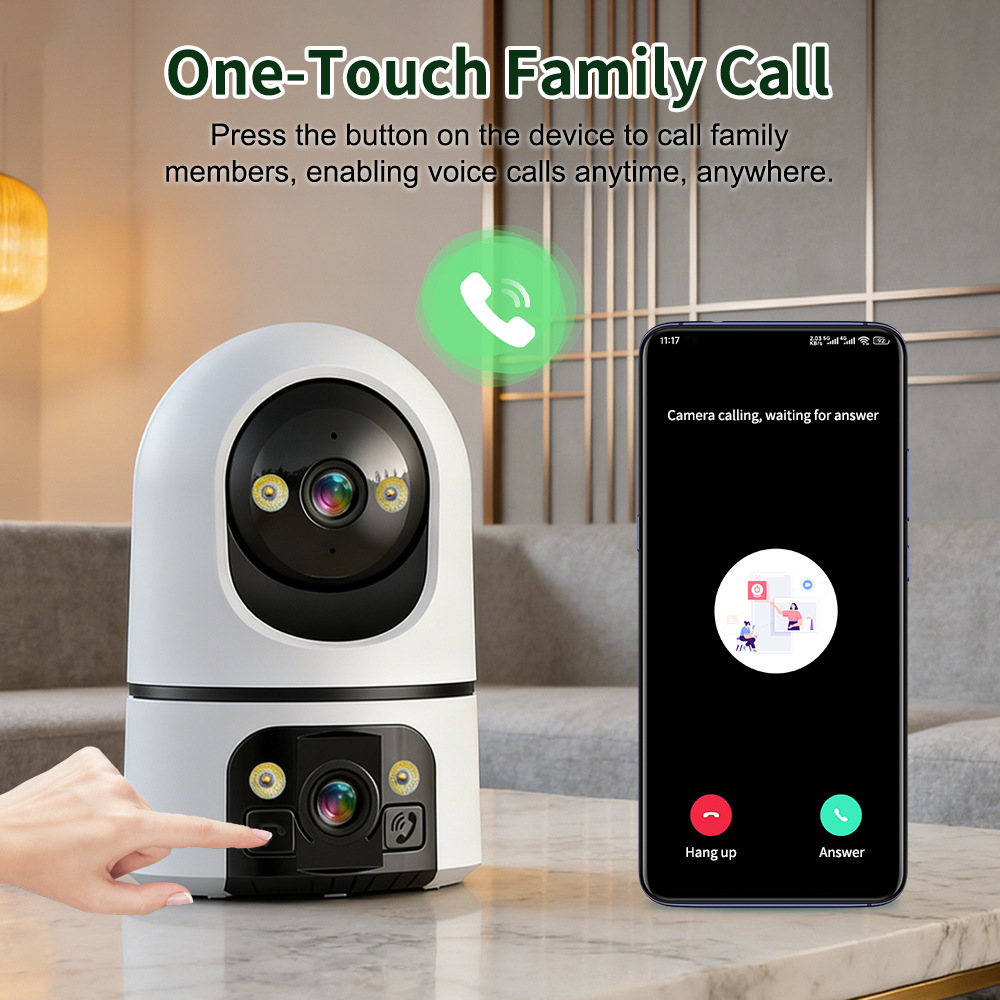 Çift lenslı gözetim kamerası, 360° WiFi, çift ekran