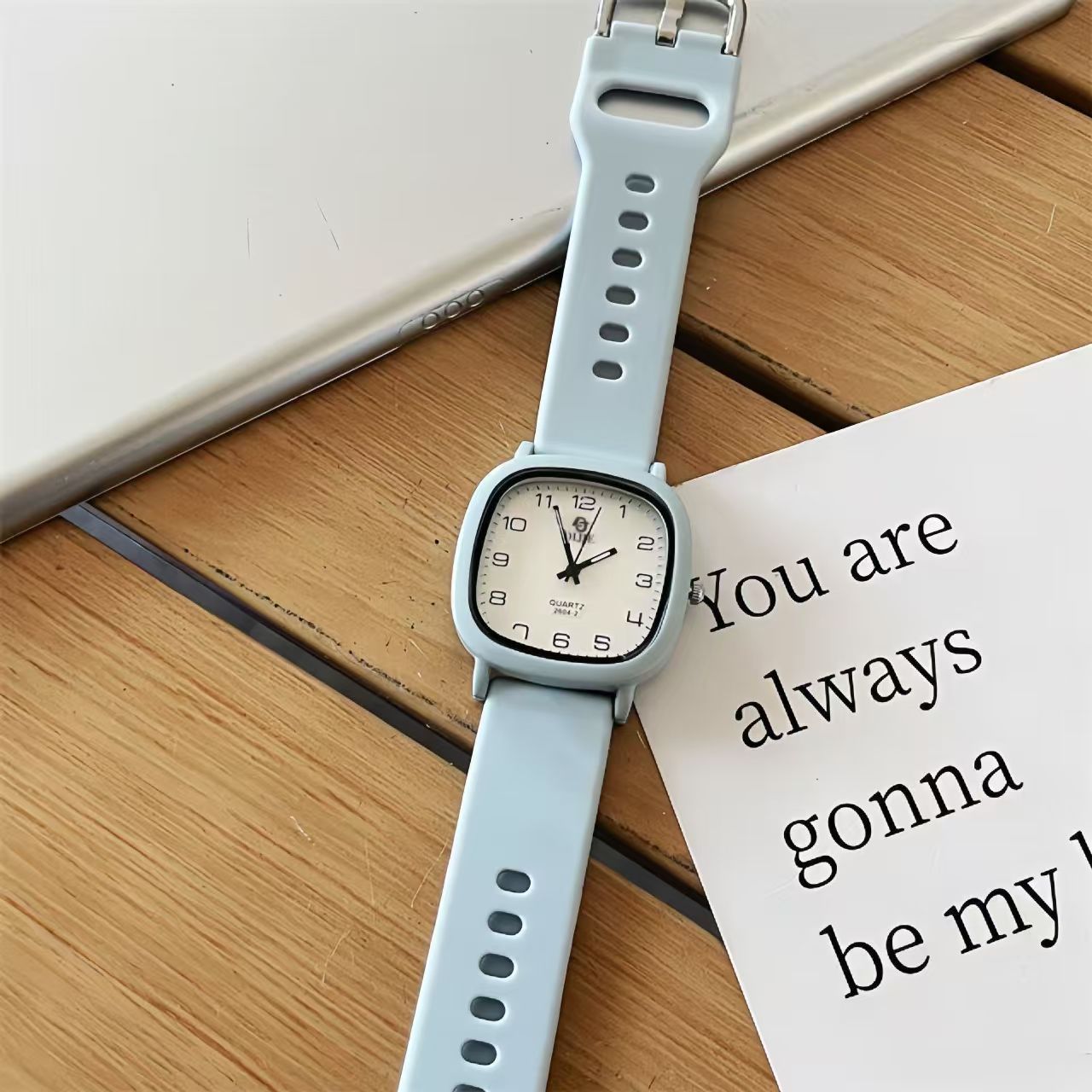 Square face quartz watch, white, for students