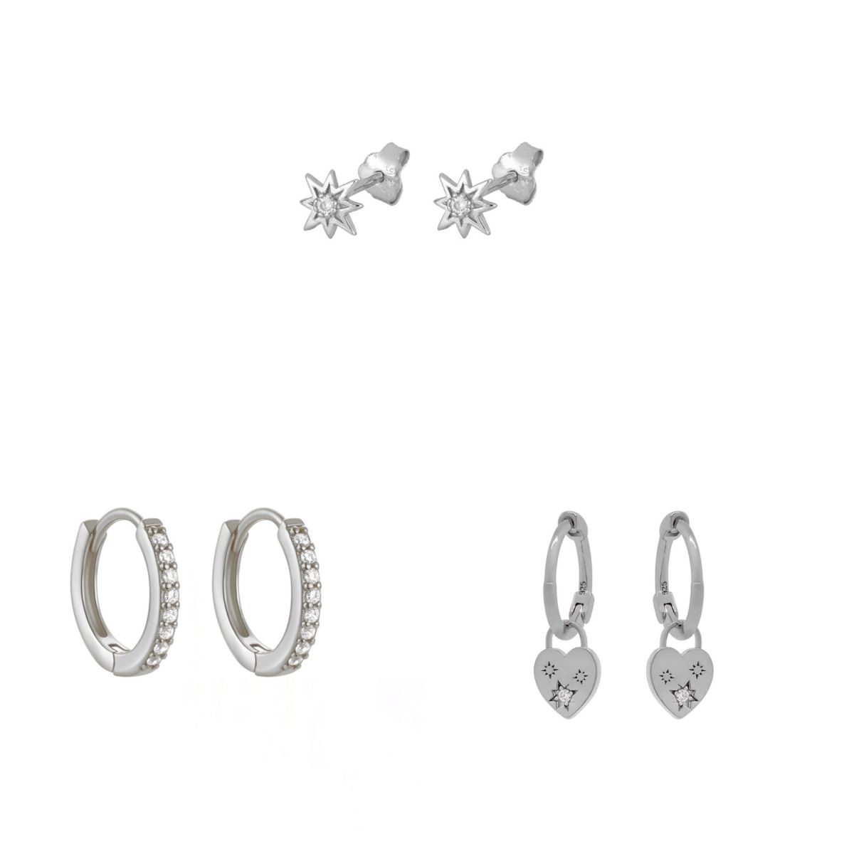 Zircon flower heart earring set, clip-on no piercing studs