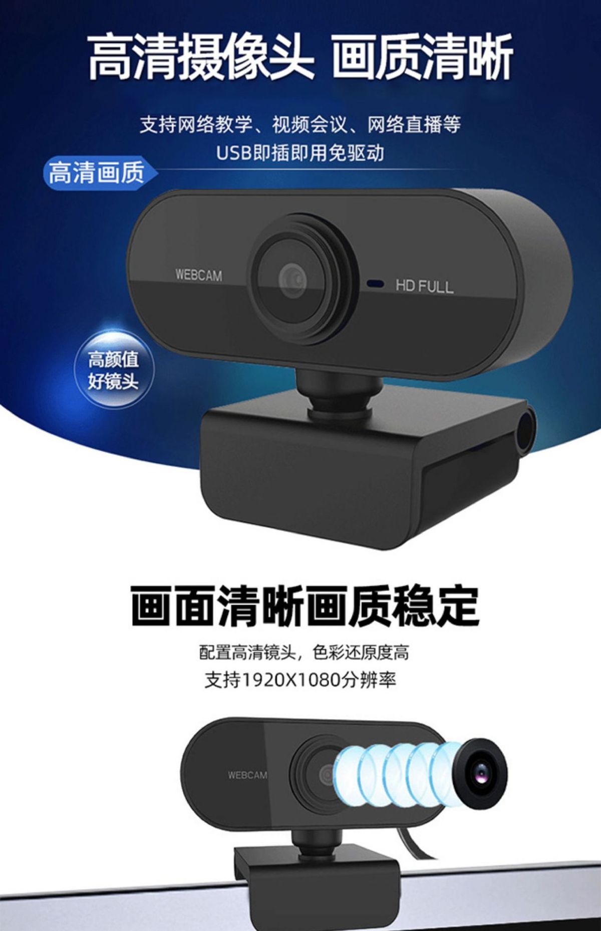 Computer camera, USB, built-in microphone, video conferencing