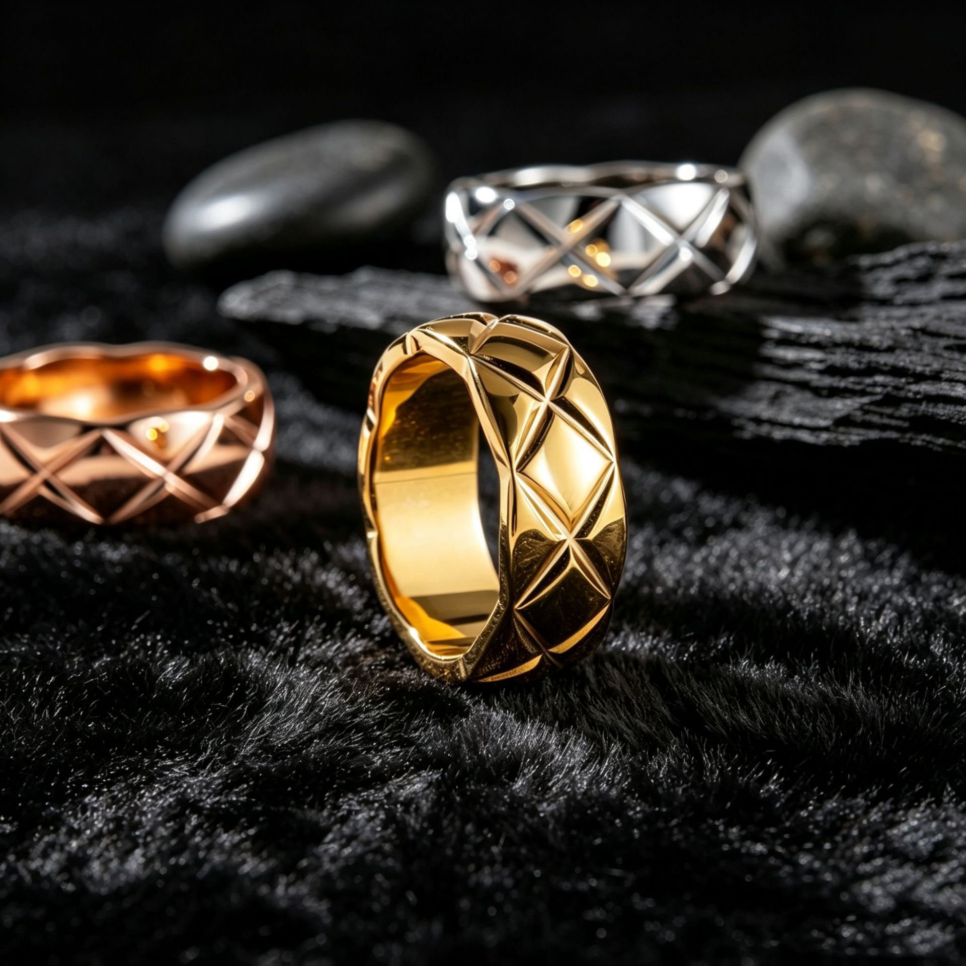 Rose gold and silver CNC diamond pattern stackable ring for women