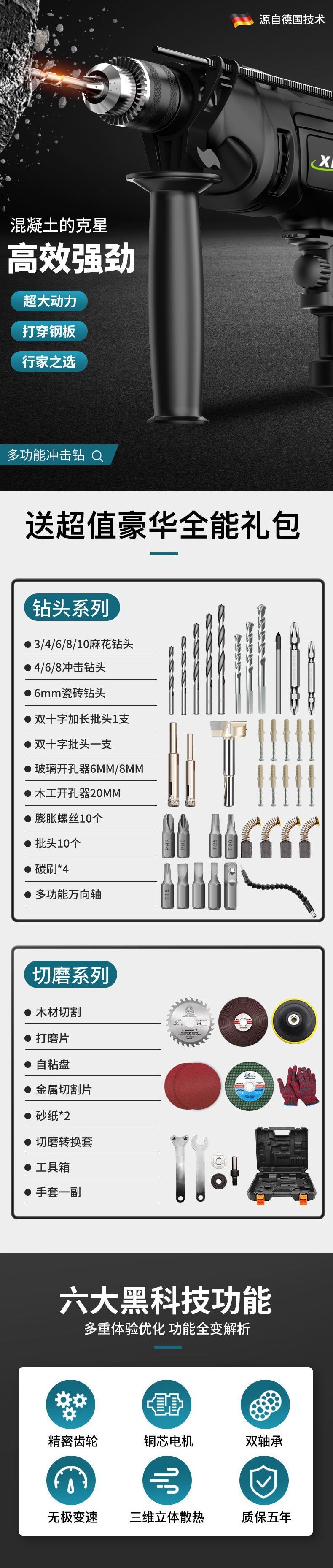 Impact drill set, cordless, for household and professional use