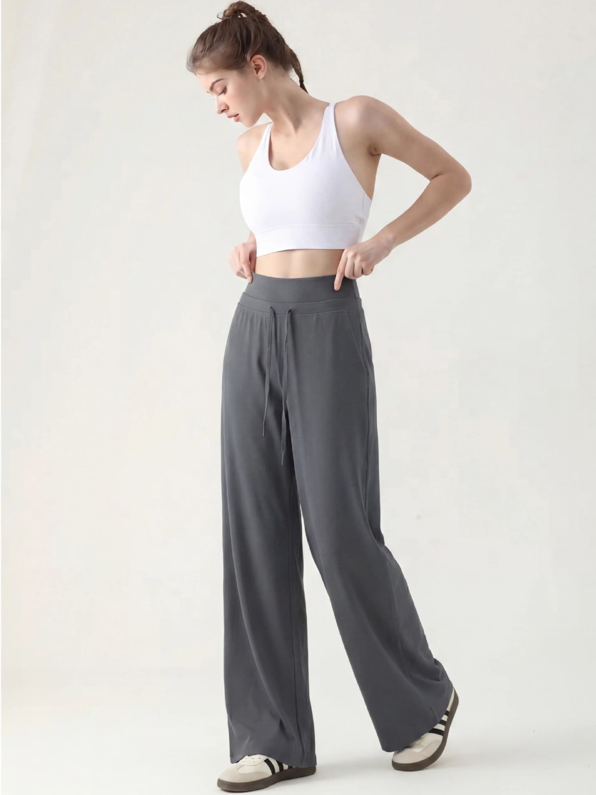 Kadın bol spor pantolon yoga geniş bacak yüksek bel bağcıklı