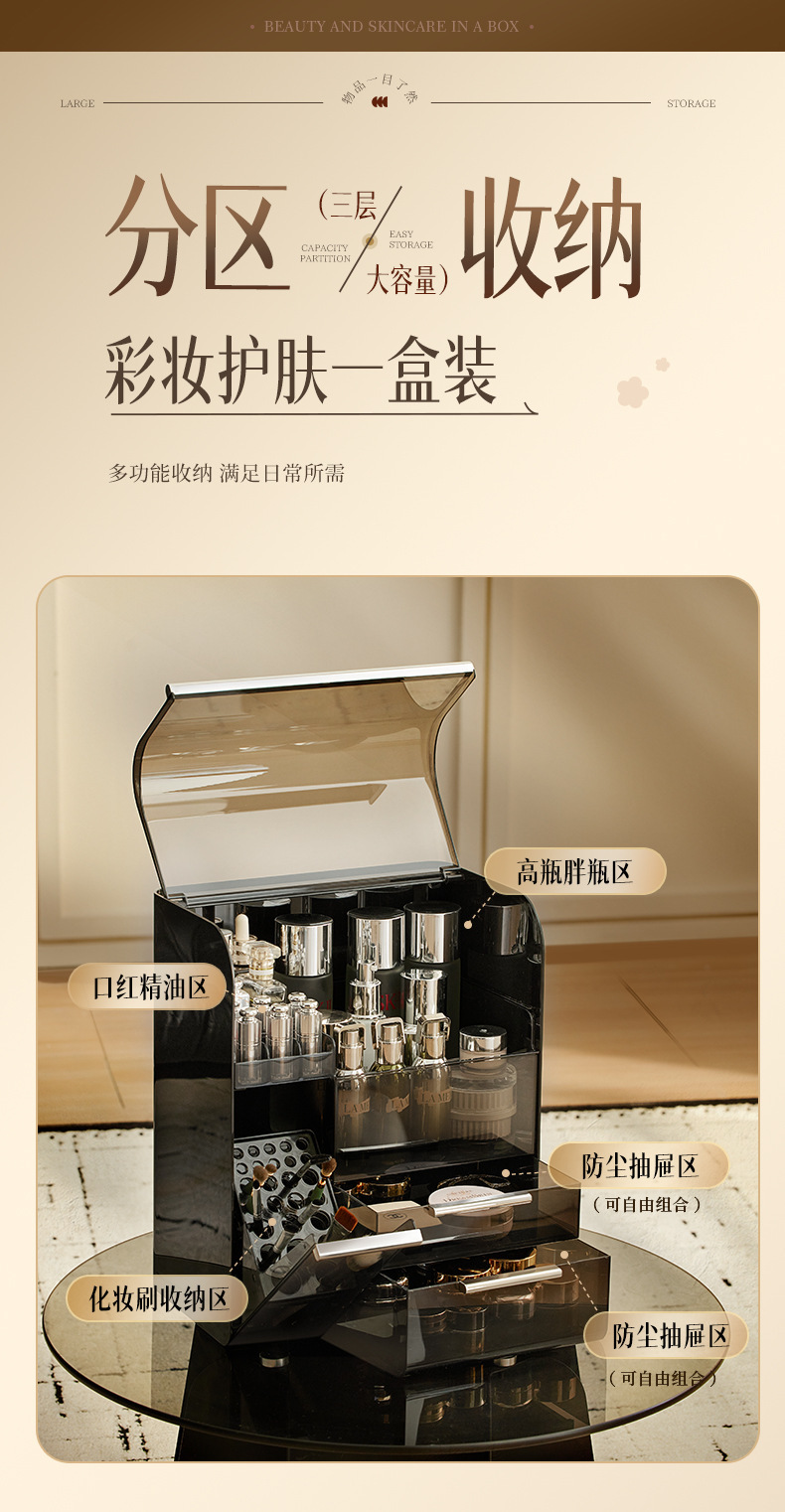 Desktop cosmetics storage box, dust-proof, large capacity