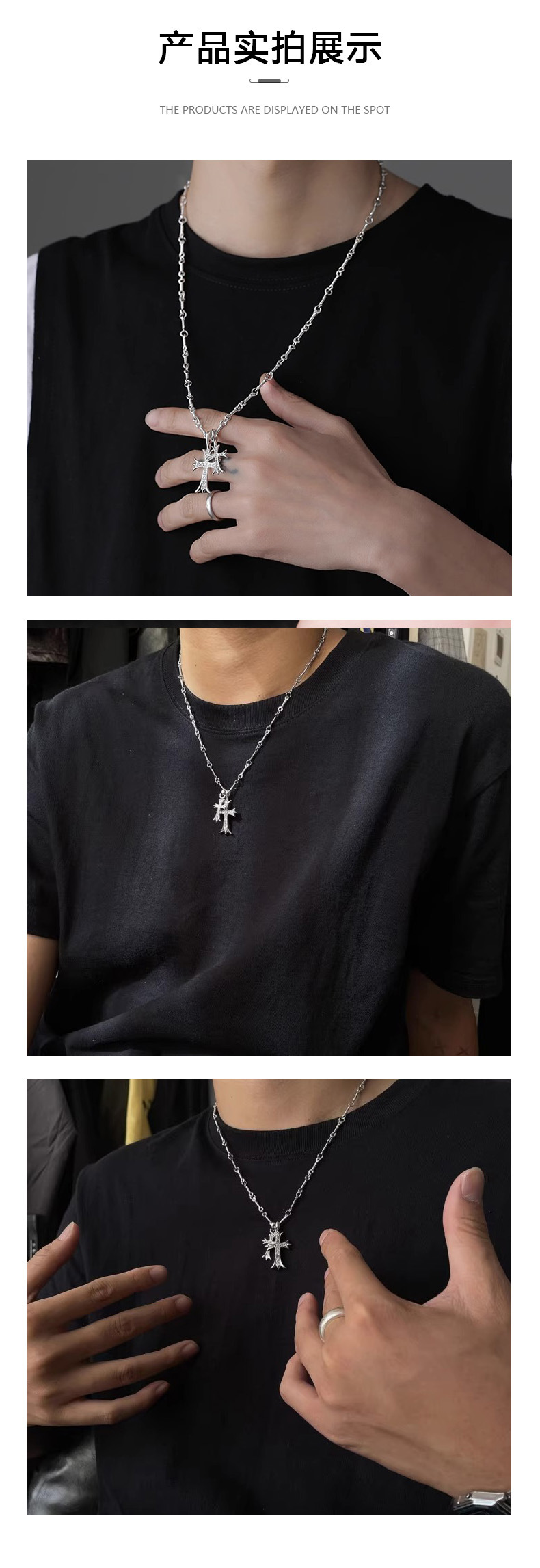Herrenkette mit Doppelkreuz und Strass, Silber