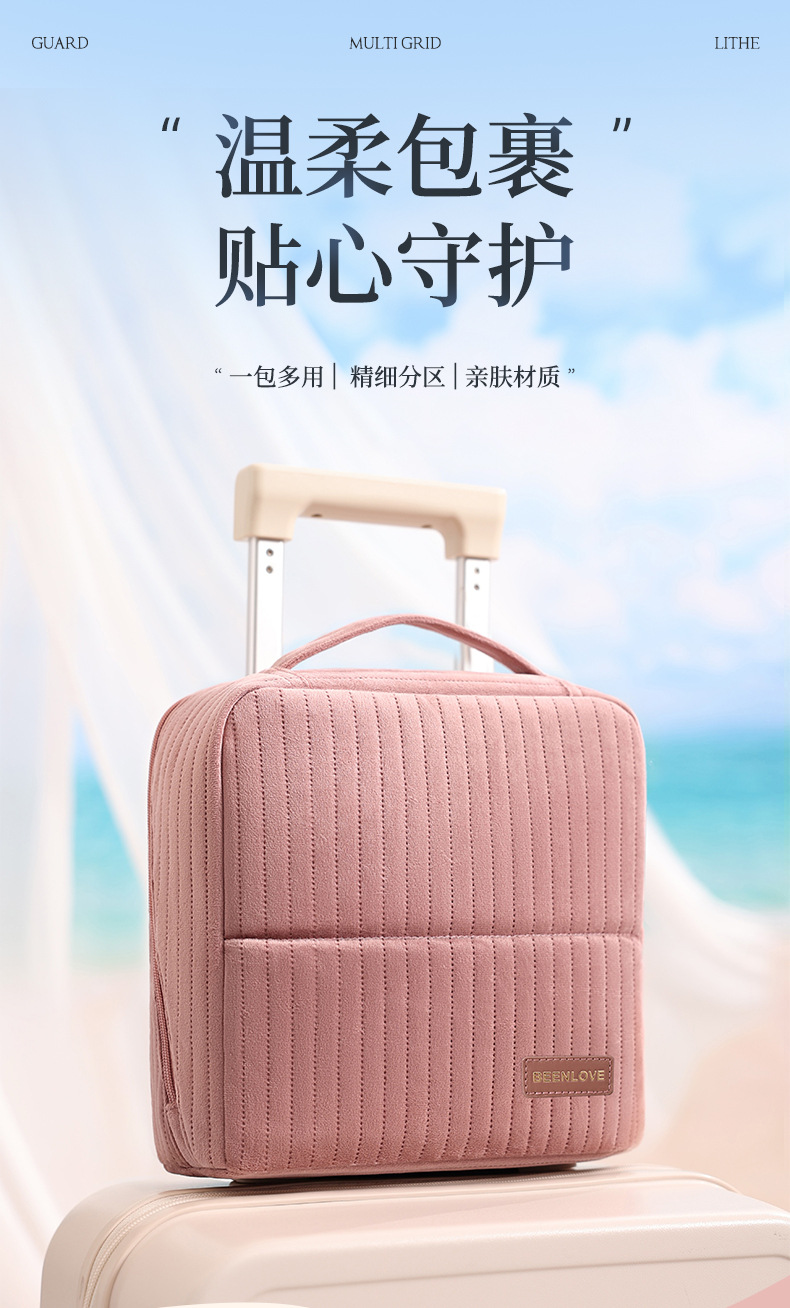 Upright cosmetic organizer bag, large capacity, compartments, travel