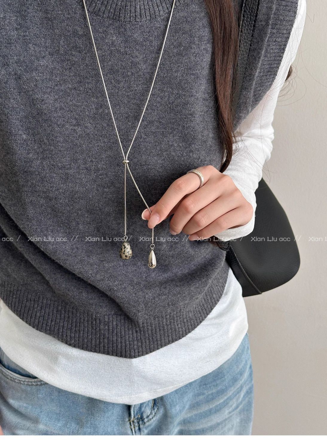 Tiger's eye water drop pull-through necklace, long design, women's accessory