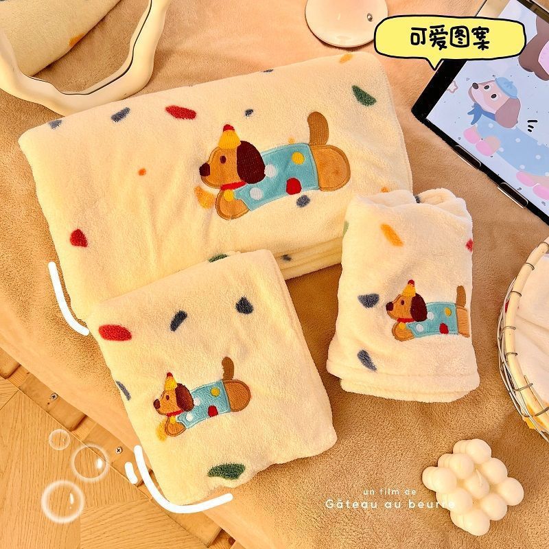 跨境腊肠狗毛巾浴巾套装柔软丝滑浴帽珊瑚绒毛巾吸水不掉毛三件套