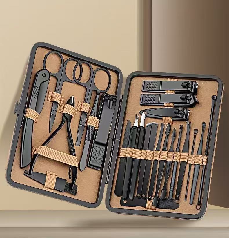 Stainless steel nail care kit, 24-piece, brown